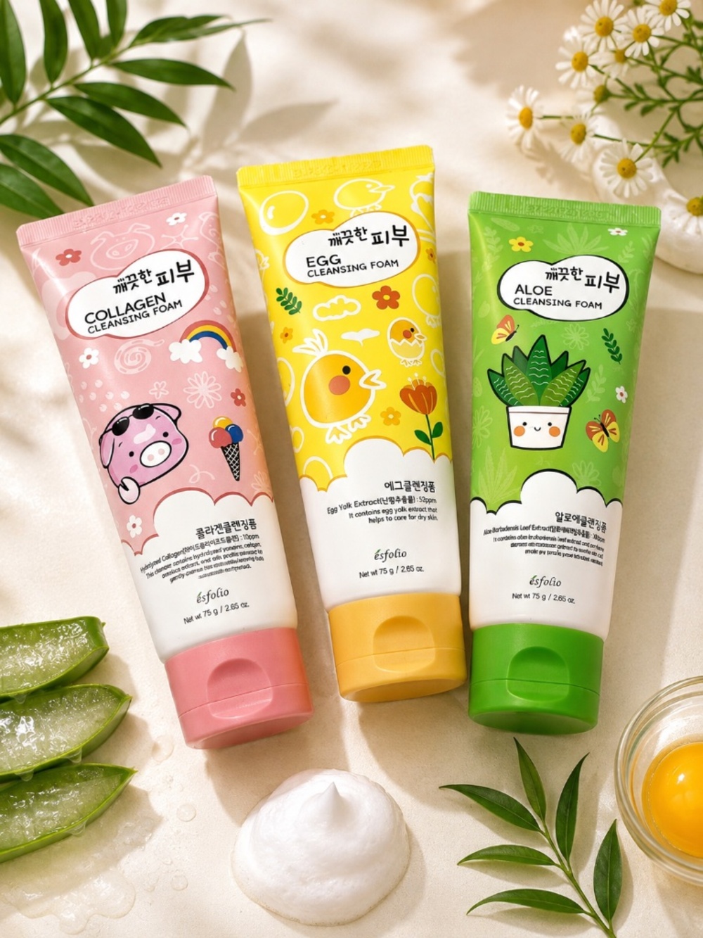 Esfolio Pure Skin Cleansing Foam 3pc Set Aloe Egg Collagen Korean K-Beauty